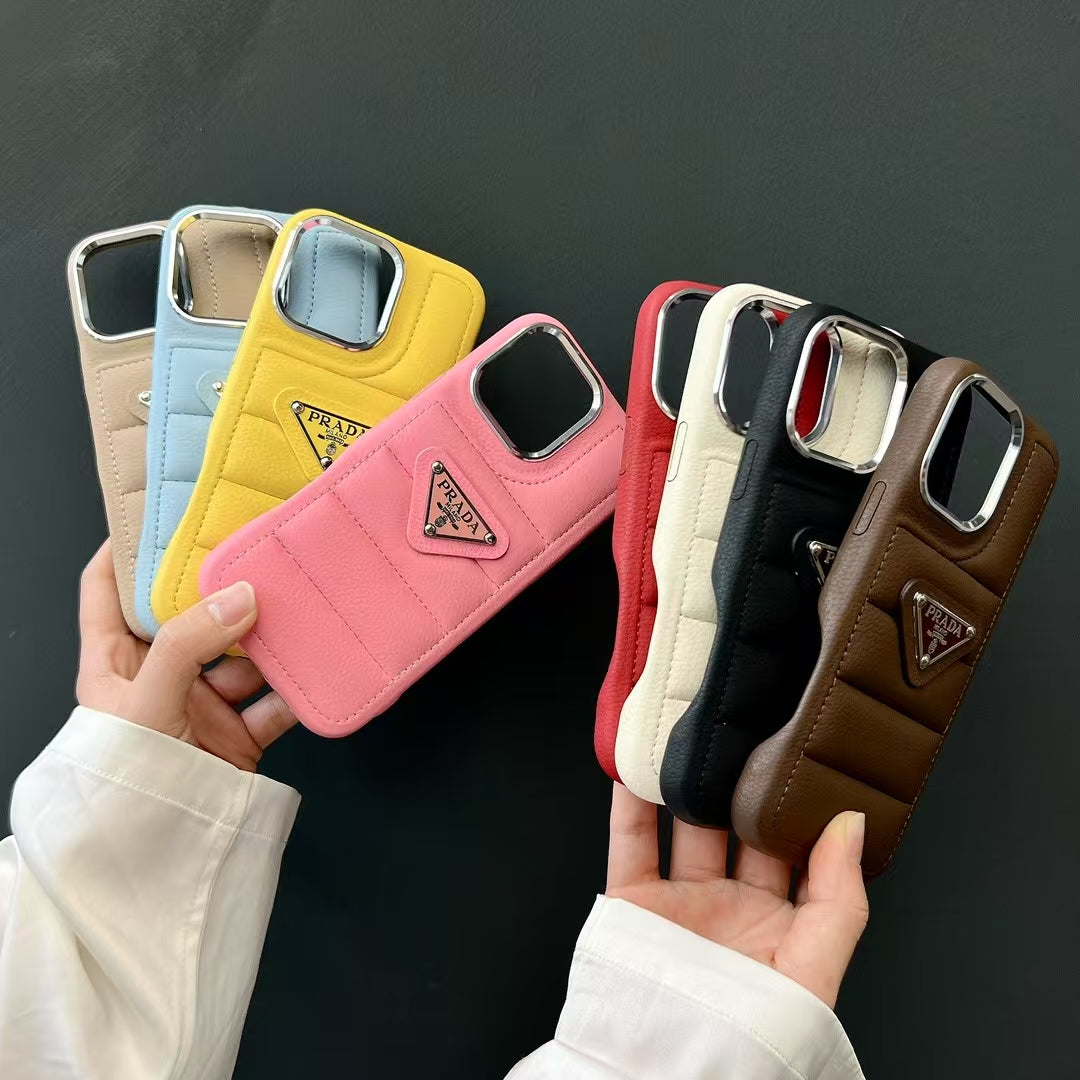 Prada Elegant Metal Monogram Diamond-Quilted Lambskim Leather Apple iPhone Case