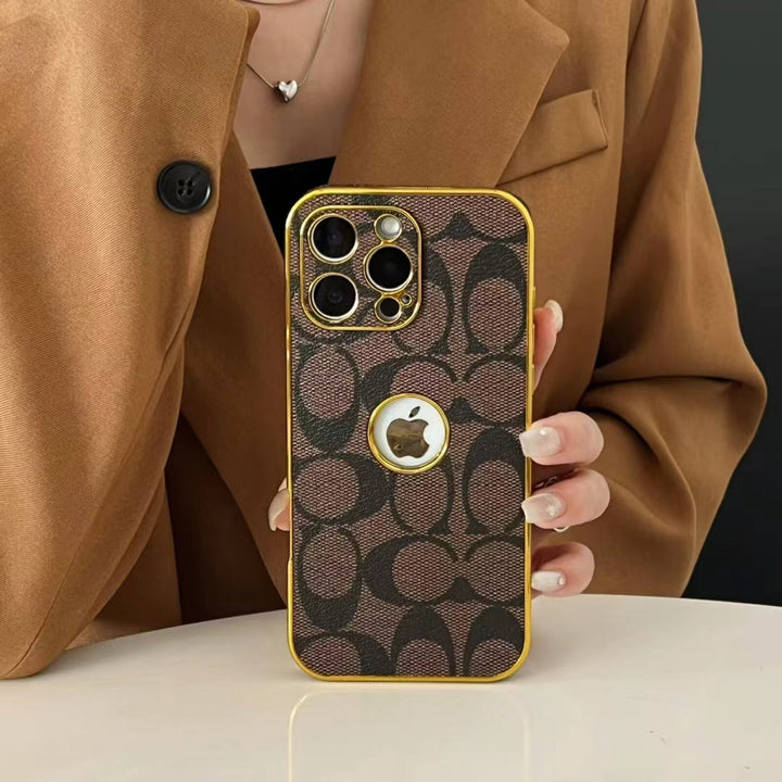 Inspired Luxury Monogram iPhone Case with Gold Trim