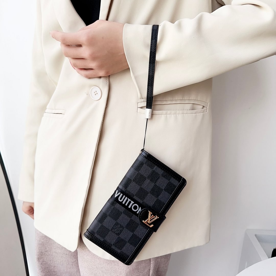 Premium Genuine Leather Monogram Canvas Wallet Card Holder iPhone Case