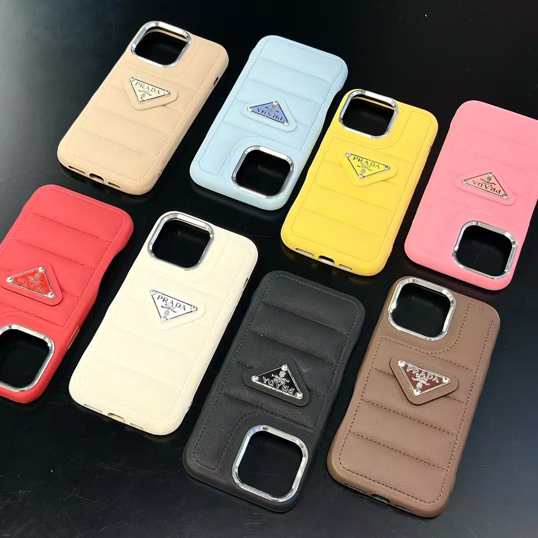Prada Elegant Metal Monogram Diamond-Quilted Lambskim Leather Apple iPhone Case