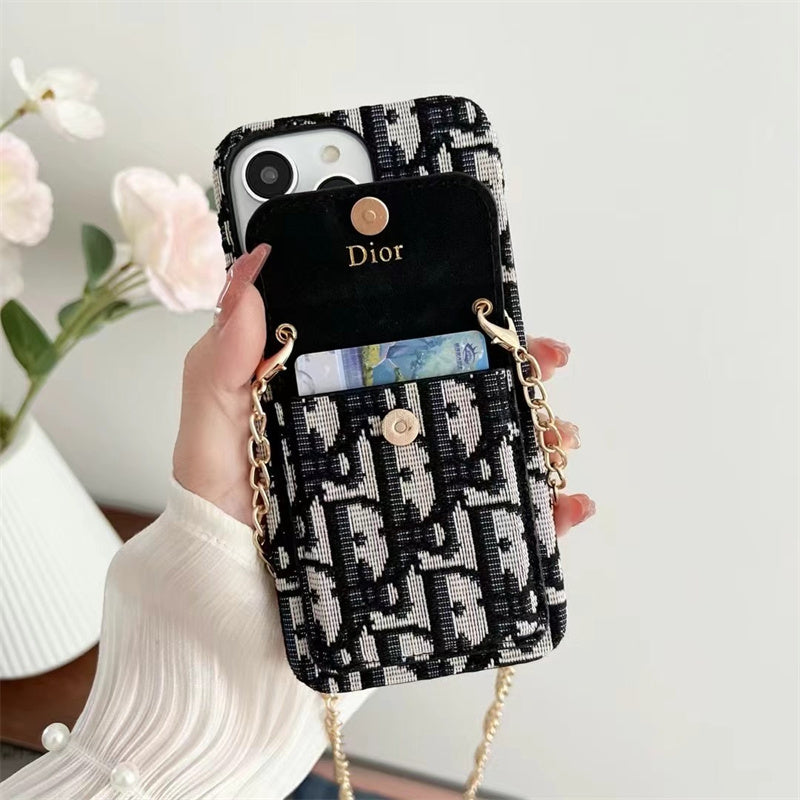 Dior Luxury iPhone Case with Chain, Card Slot, and Metal Logo