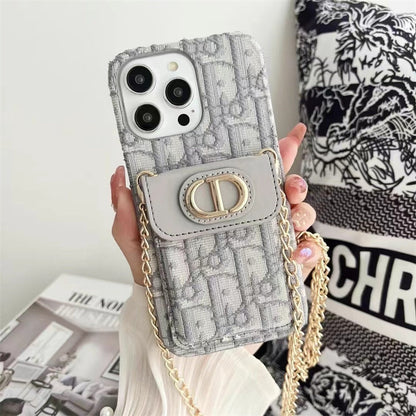 Dior Luxury iPhone Case with Chain, Card Slot, and Metal Logo