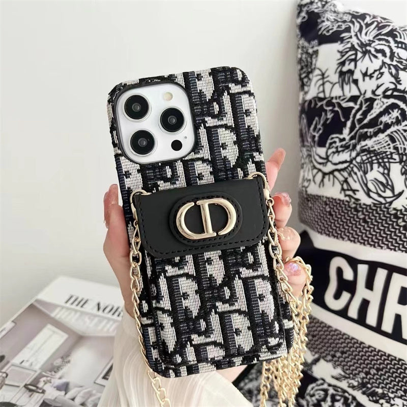 Dior Luxury iPhone Case with Chain, Card Slot, and Metal Logo