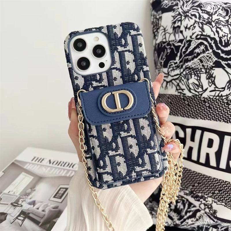 Dior Luxury iPhone Case with Chain, Card Slot, and Metal Logo